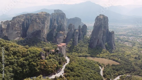 Aerial drone shot of Meteora monasteries in Greece