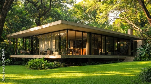 Modern house surrounded by green landscape in sunlight