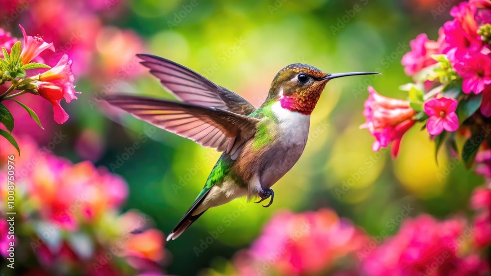 Obraz premium Vibrant Hummingbird in Flight Captured Amidst Colorful Blossoms and Lush Green Foliage Background