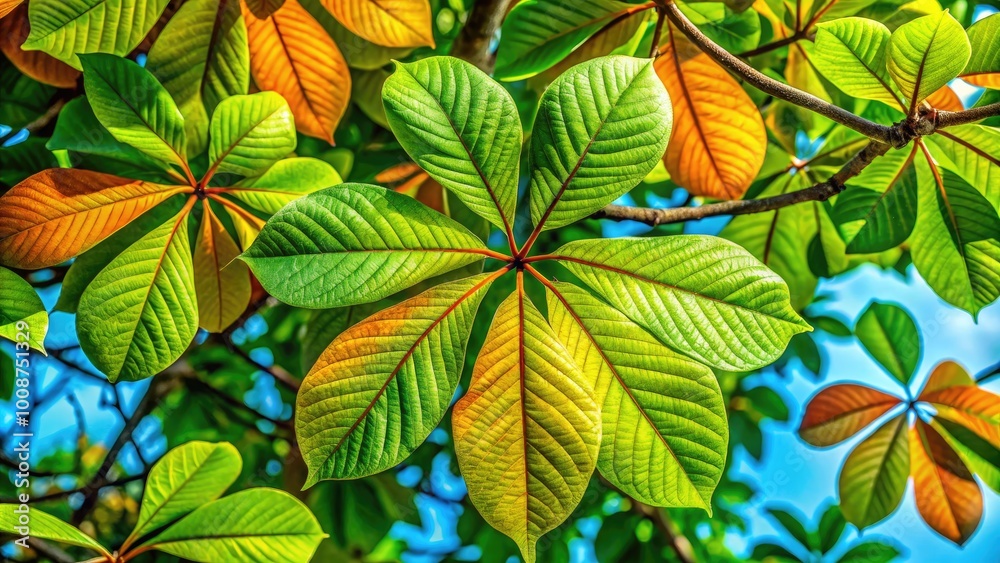 Vibrant Indian Almond Tree Leaves with Rich Green Color and Distinctive Shapes on a Sunny Day Vibrant Indian Almond Tree Leaves with Rich Green Color and Distinctive Shapes on a Sunny Day