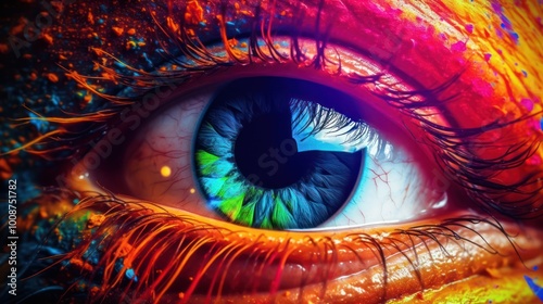 A close-up of a human eye with colorful paint splattered on the