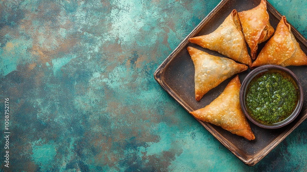 Top view of crispy fried samosas with tamarind chutney, a popular South Asian snack for childre Top view of crispy fried samosas with tamarind chutney, a popular South Asian snack for childre