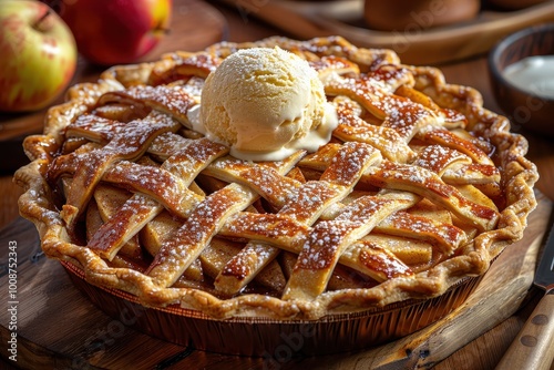 USA: Apple Pie A golden-brown pie with a lattice crust, filled with cinnamon-spiced apple slices, served with a scoop of vanilla ice cream melting on the side