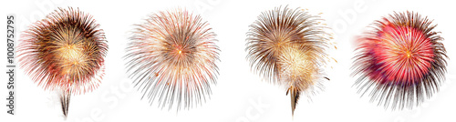 Set of Colorful Fireworks for New Year Celebration on transparent background cutout, PNG file.