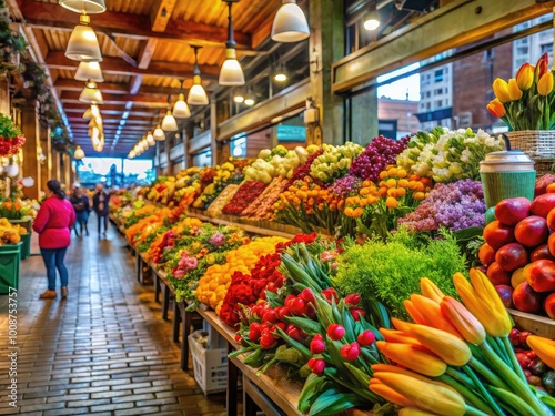 Wallpaper Mural Vibrant Marketplace Scene with Fresh Produce and Flowers at Pikes Place Market in Seattle, Washington Torontodigital.ca