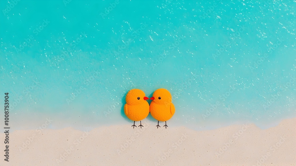 Fototapeta premium A pair of lovebirds drawn in the sand on a serene beach with soft waves gently approaching the shore creating a tranquil and picturesque scene