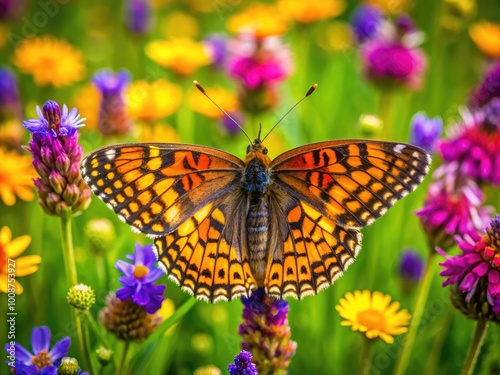 Vibrant Melitaea Butterfly Perched on Colorful Wildflowers in a Lush Green Meadow Landscape