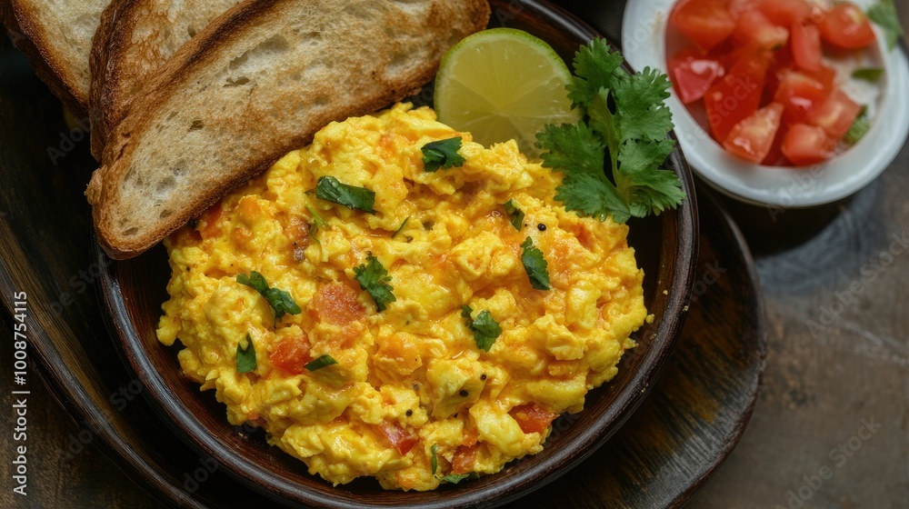 Top view of egg bhurji with buttered toast, a popular breakfast for South Asian children Top view of egg bhurji with buttered toast, a popular breakfast for South Asian children
