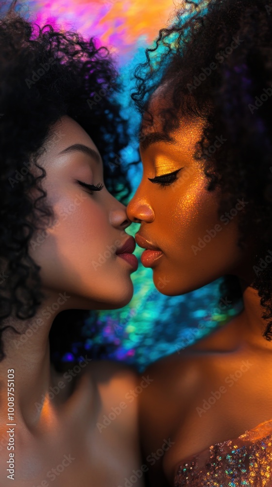 Obraz premium Intimate and vibrant image of two Afro women in neon light with LGBT theme, AI generated