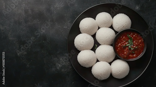 Top view of fluffy idlis with chutney, a popular breakfast for children in South Asia. Copy space available