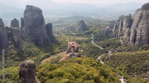 Aerial drone shot of Meteora monasteries in Greece
