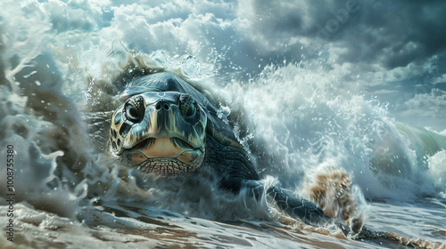 turtle in ocean storm, massive waves towered over the turtle, eyes widened in fear, under a cloudy sky evoking an intense movie scene photo