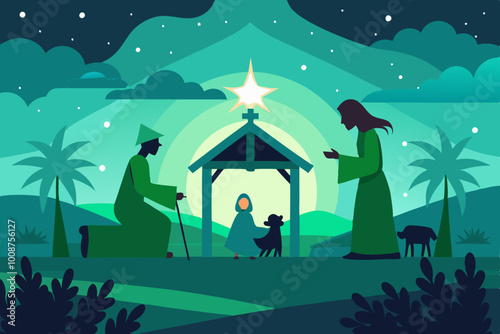 Silhouette of a serene Epiphany scene featuring a man and woman bowing in reverence to a newborn, Cartoon style scene of the epiphany