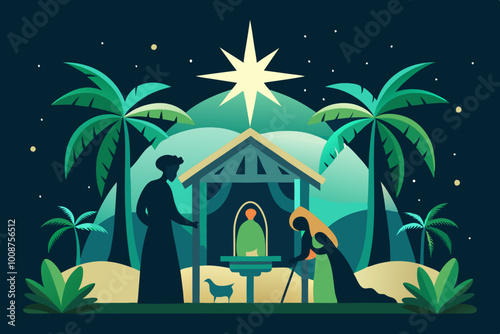 Silhouette of a serene Epiphany scene featuring a man and woman bowing in reverence to a newborn, Cartoon style scene of the epiphany