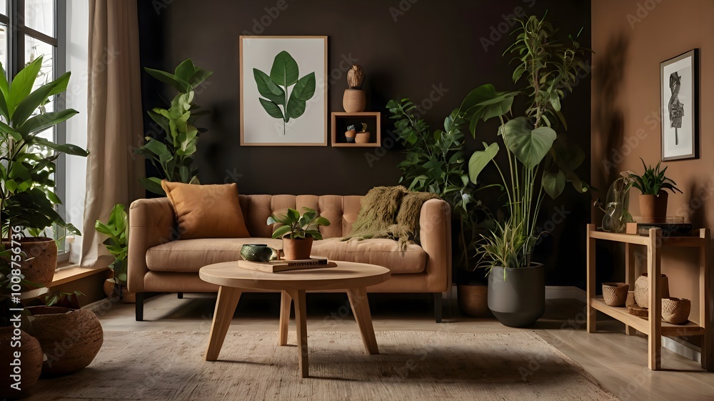 Fototapeta premium Stylish home garden interior brimming with a variety of plants, including cacti, succulents, and air plants in unique pots, complemented by green wall paneling. Home gardening concept.