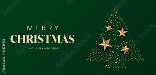 Merry Christmas background. New Year template with shinny gold stars and confetti with green background. Vector illustration for xmas, holiday, greeting card, website, brochure, flyer,  social media.