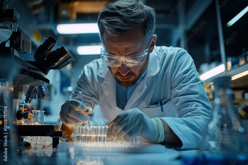 Medical scientist conducting an experiment in a sterile lab, carefully mixing chemicals in test tubes, modern medical research lab Medical scientist conducting an experiment in a sterile lab, carefully mixing chemicals in test tubes, modern medical research lab