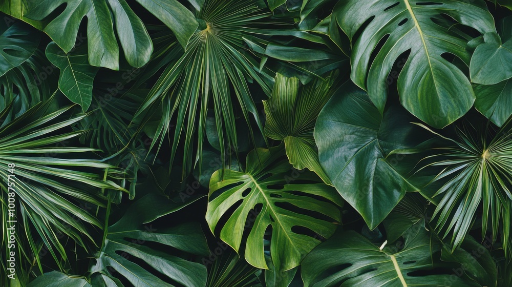 Fototapeta premium Tropical foliage featuring palm leaves and exotic plants. Vibrant green wallpaper seamless pattern