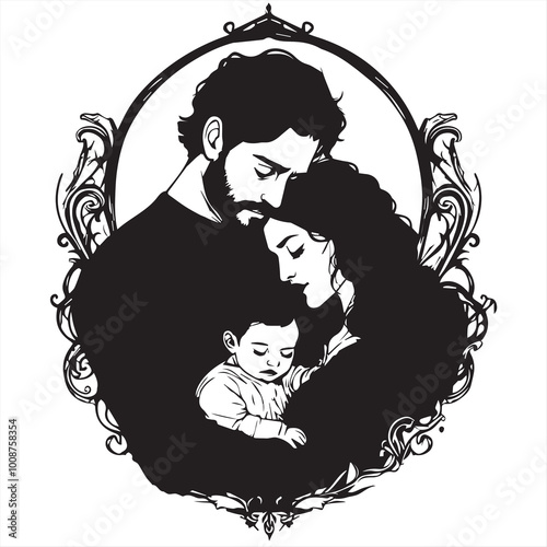 A simple line drawing of a family , young couple, teenage children. vector illustration
