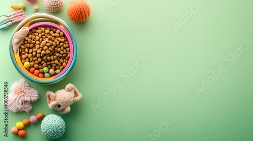 Fun pet accessories in a vibrant flat lay composition.
