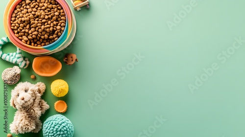 Top-view flat lay of colorful pet accessories on a green table.