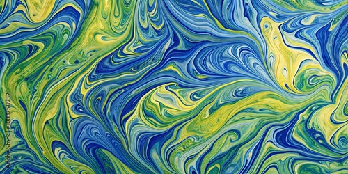 Swirling Abstract Liquid Art in Blue, Yellow, and Green Hues