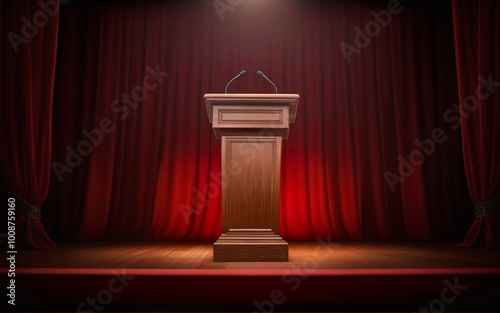 Wooden podium for politicians against red curtains