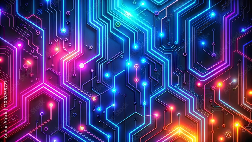 A symphony of vibrant neon lines and glowing points, interconnected in a complex and mesmerizing circuit board pattern. A symphony of vibrant neon lines and glowing points, interconnected in a complex and mesmerizing circuit board pattern.