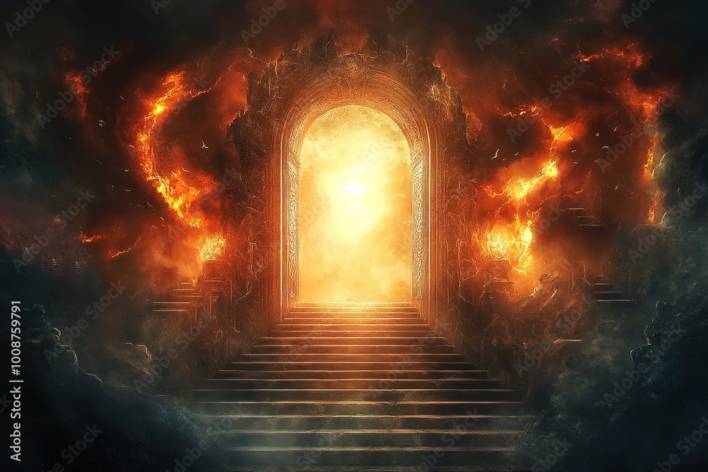 Fototapeta premium 3D illustration of a burning staircase and door 