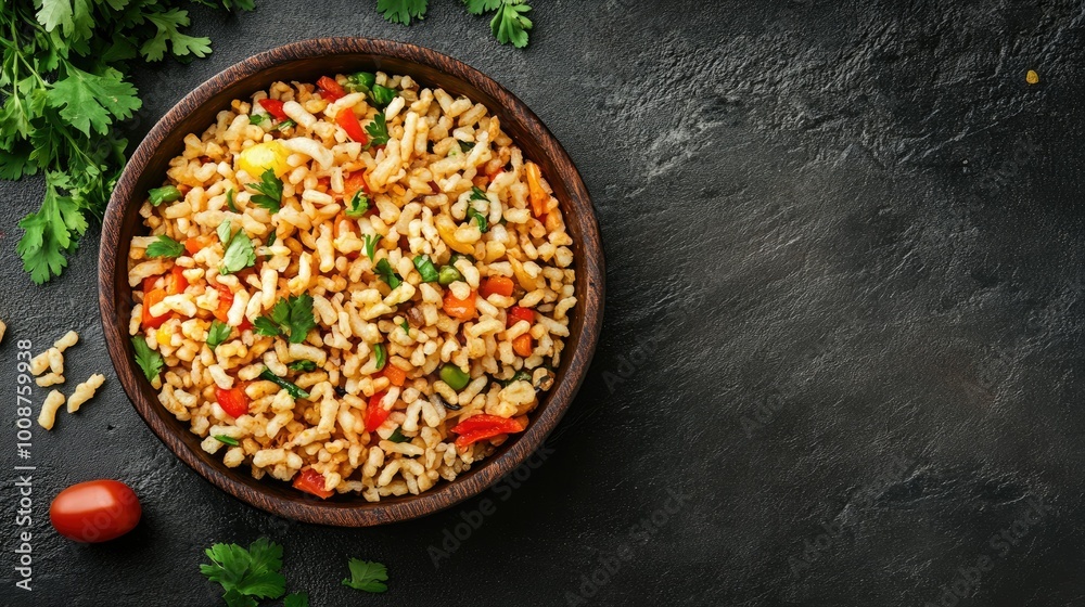 Top view of puffed rice bhel, a tangy snack popular with South Asian children. Copy space available