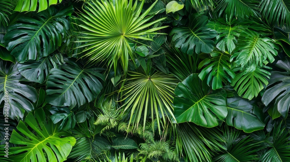 Tropical foliage featuring palm leaves and exotic plants. Vibrant green wallpaper seamless pattern Tropical foliage featuring palm leaves and exotic plants. Vibrant green wallpaper seamless pattern