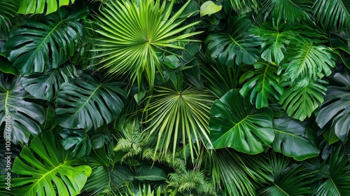 Tropical foliage featuring palm leaves and exotic plants. Vibrant green wallpaper seamless pattern