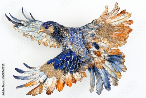 Raptor's Soar Sculpture: Gold Leaf and Lapis Lazuli Soaring Hawk photo