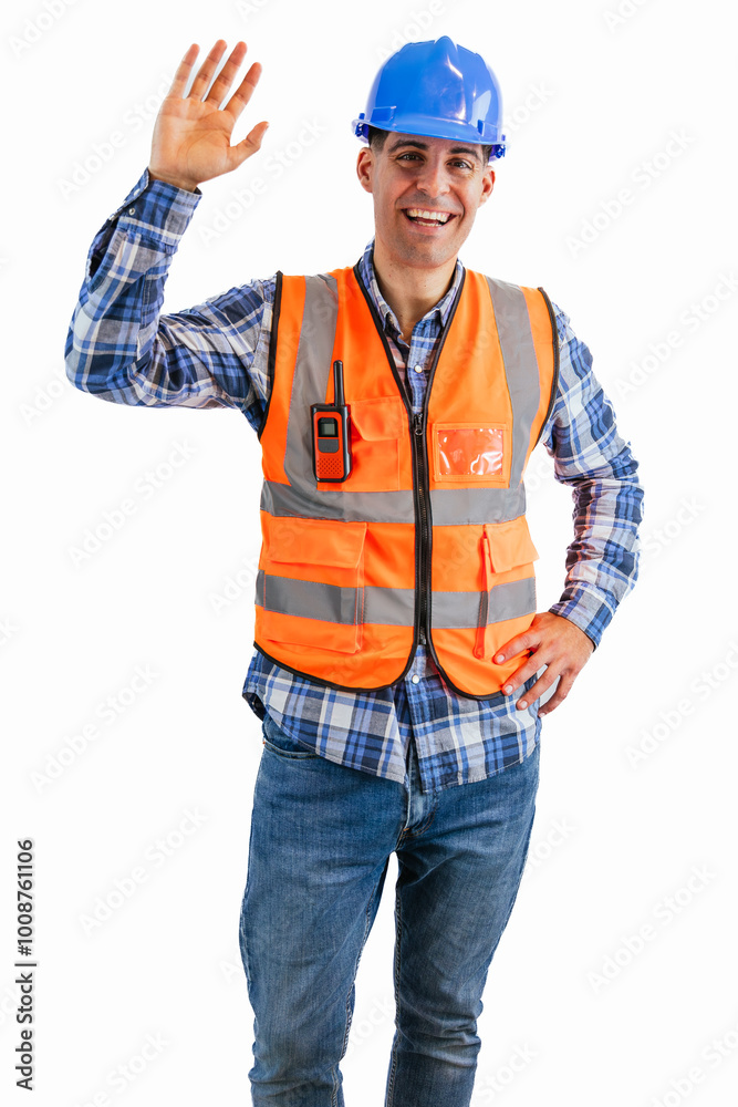vertical Construction worker smiling and waving at the camera wearing orange vest and safety helmet vertical Construction worker smiling and waving at the camera wearing orange vest and safety helmet