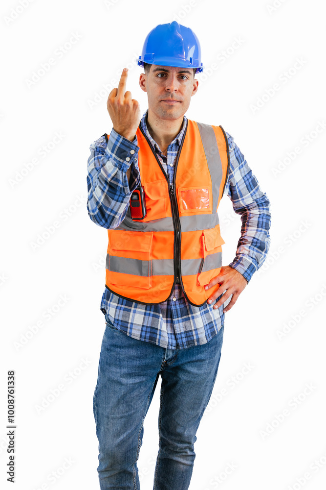 vertical Angry construction worker making an obscene gesture at the camera vertical Angry construction worker making an obscene gesture at the camera
