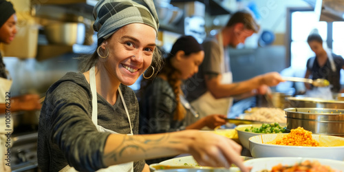 Charity day in a cafeteria with a smiling female cook preparing food for the homeless,  symbolizing kindness and community support photo