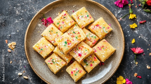 Top view of South Asian sweet barfi on a plate, a dessert favorite for kids photo