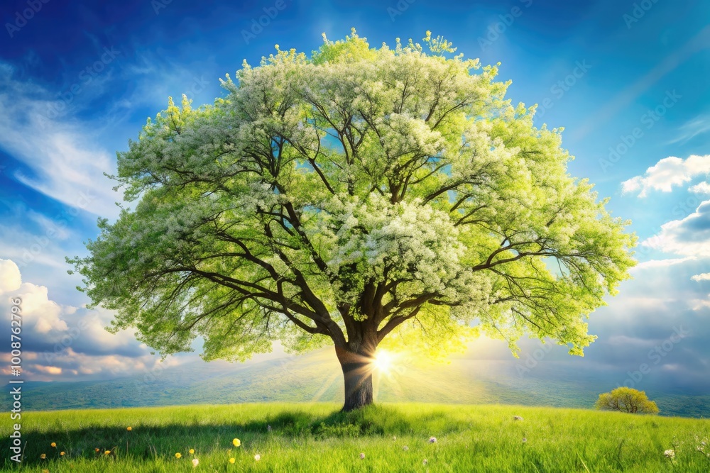Fototapeta premium Vibrant Spring Tree Isolated on White Background Showcasing Fresh Green Leaves and Blossoms