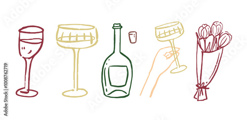 Vector hand painted trendy Italian wine glasses and bottle, bouquet of tulips outline illustration. Elegant flat minimalist hand drawn modern art evening date collection