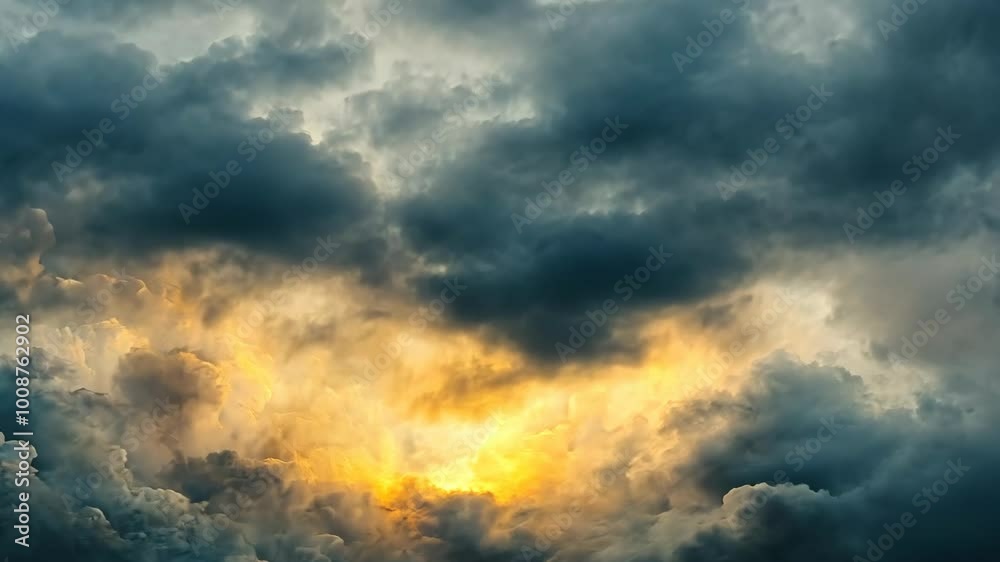 Dark storm clouds gather in the sky, but a sliver of golden light breaks through Dark storm clouds gather in the sky, but a sliver of golden light breaks through