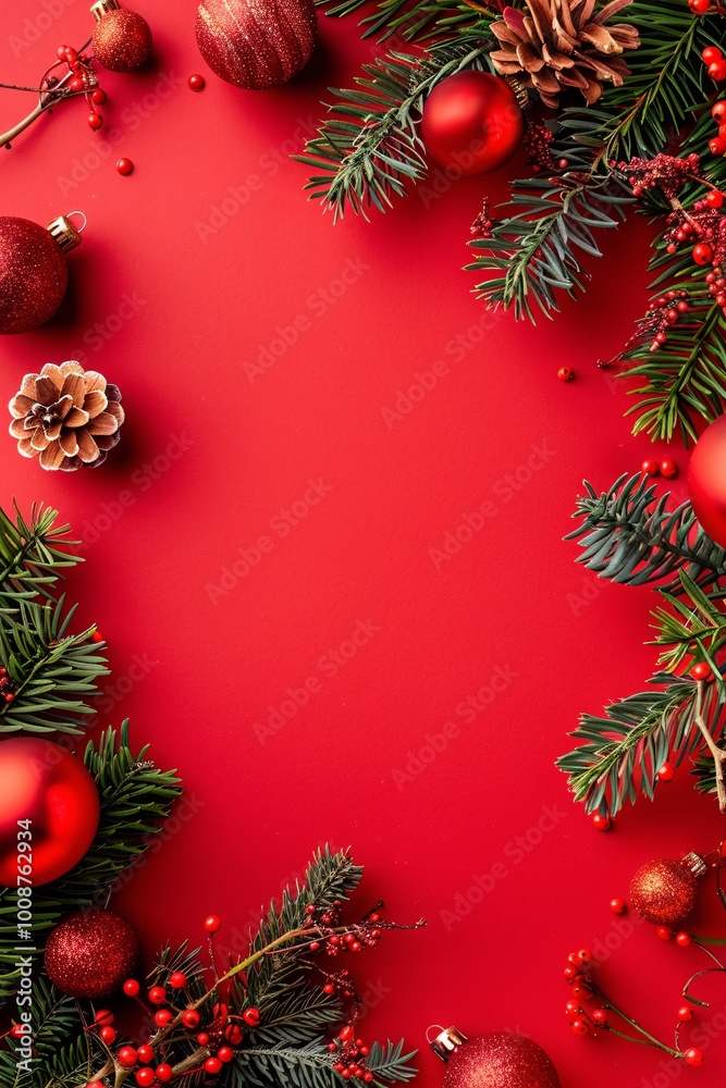 Christmas background with red and golden decoration. Top view with copy space Christmas background with red and golden decoration. Top view with copy space