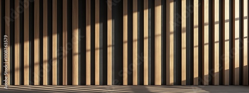 Wallpaper Mural  Wall with wood background. Panels with wood texture. Vertical slats in the interior design of an empty studio room. 3D architecture with window shadow overlay.  Torontodigital.ca