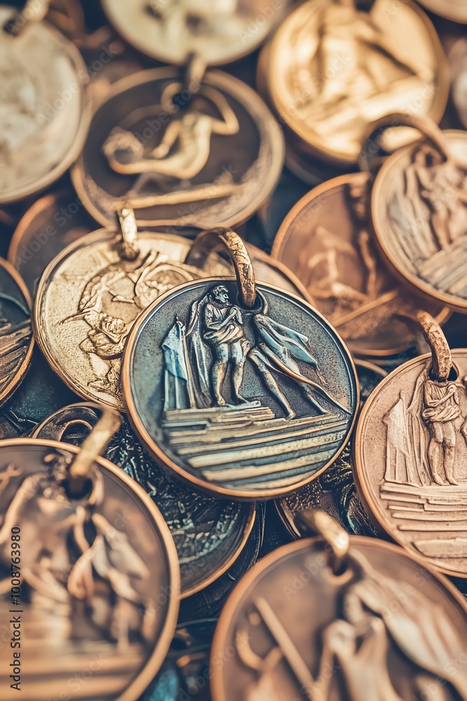 Fototapeta premium Close-up shot of Olympic medals, entwined with ancient Roman gladiatorial arenas, symbolizing sports evolution