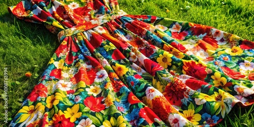Vibrant Summer Dress with Floral Patterns in a Sunny Outdoor Setting Perfect for Seasonal Fashion