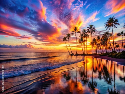 Vibrant Sunset Over Calm Ocean Waves with Silhouetted Palm Trees and Colorful Sky Reflections