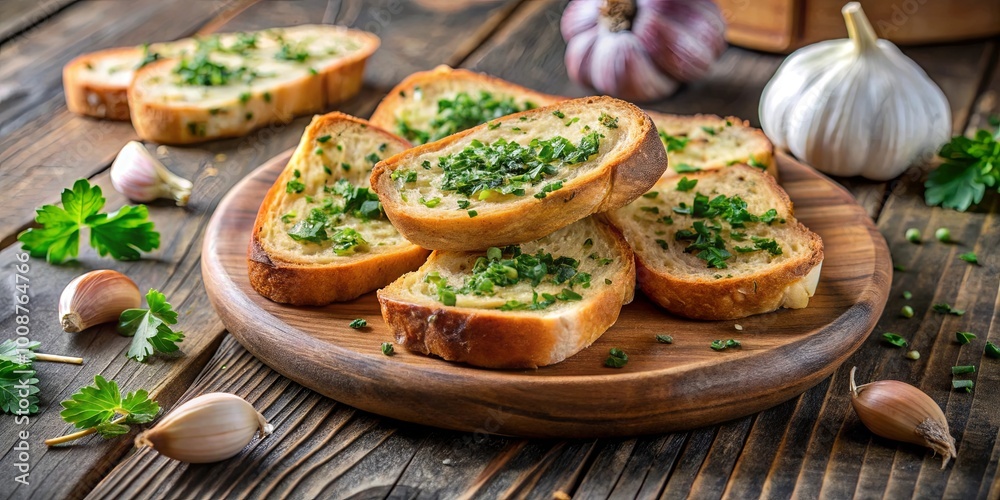 Golden Toasted Bread Slices Topped with Fresh Herbs and Garlic Cloves on a Wooden Board Golden Toasted Bread Slices Topped with Fresh Herbs and Garlic Cloves on a Wooden Board
