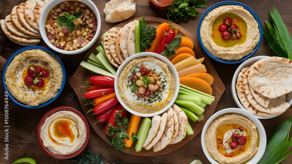 A beautiful spread of various dips, including baba ghanoush, hummus, and muhammara, served with warm pita and fresh vegetables.
A beautiful spread of various dips, including baba ghanoush, hummus, and muhammara, served with warm pita and fresh vegetables.