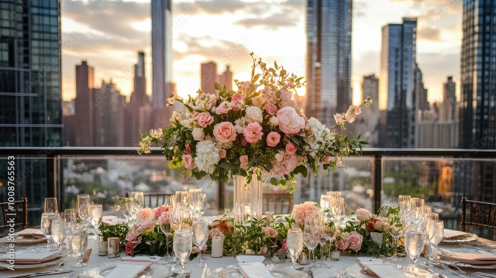 Elegant Cityscape Floral Arrangement on Luxury Rooftop Terrace Elegant Cityscape Floral Arrangement on Luxury Rooftop Terrace