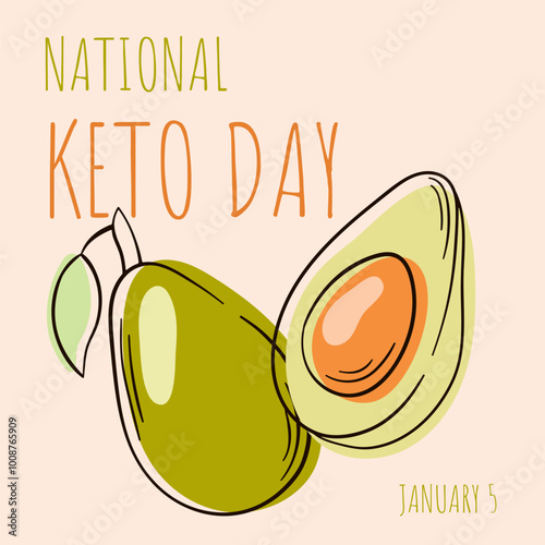 National Keto Day banner with avocado on a beige background in line art style. Perfect for health, nutrition and ketogenic diet promotion, social media and event banner. November 5.