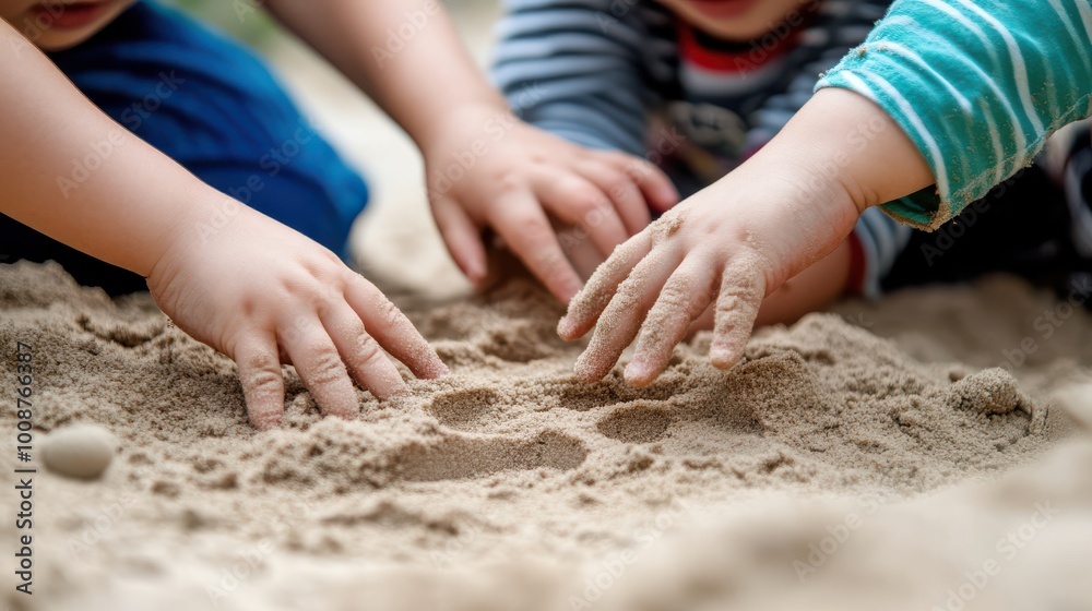 Children's Hands Playing in Sandbox Creating Shapes and Sculptures Children's Hands Playing in Sandbox Creating Shapes and Sculptures